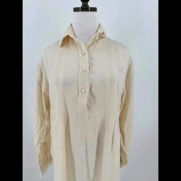 Cocoon Randi Kristoffersen Womens Ivory Silk Henley Long Sleeve Sleepshirt Sz M